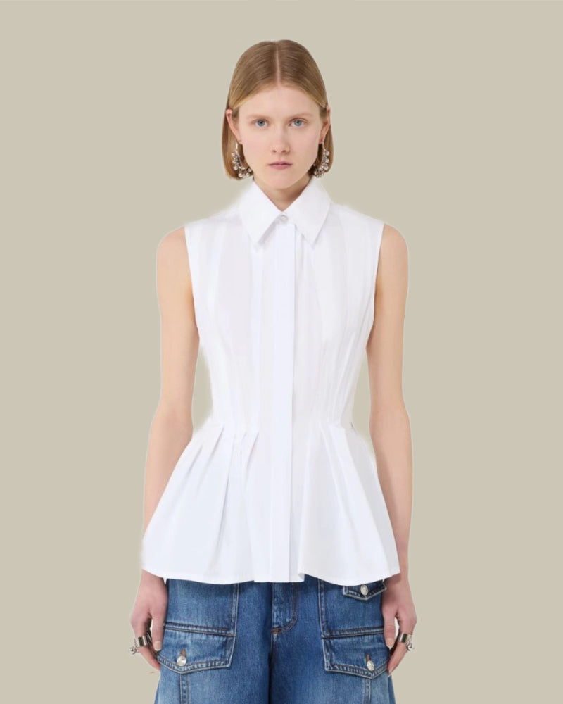 White Sleeveless Collared Pleat Shirt