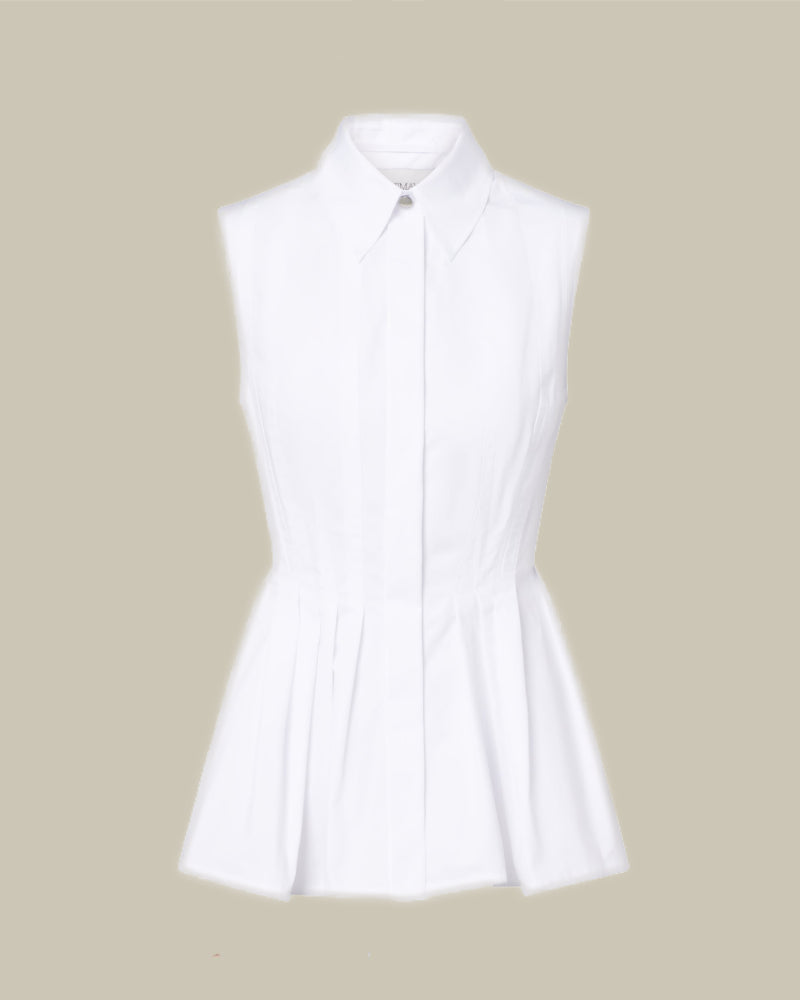 White Sleeveless Collared Pleat Shirt