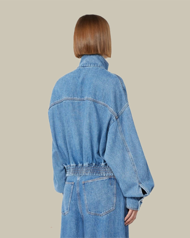 Oversized Indigo Denim Bomber Jacket Midnight Blue