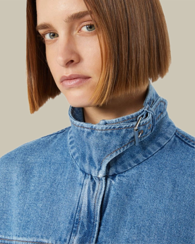 Oversized Indigo Denim Bomber Jacket Midnight Blue