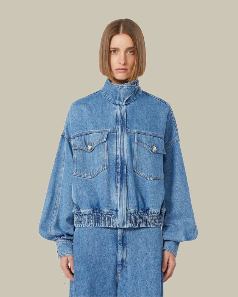 Oversized Indigo Denim Bomber Jacket Midnight Blue