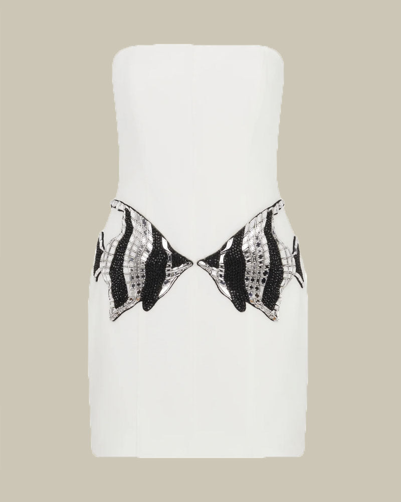 Crystal Fish Embroided Hip Patches Strapless Mini Dress