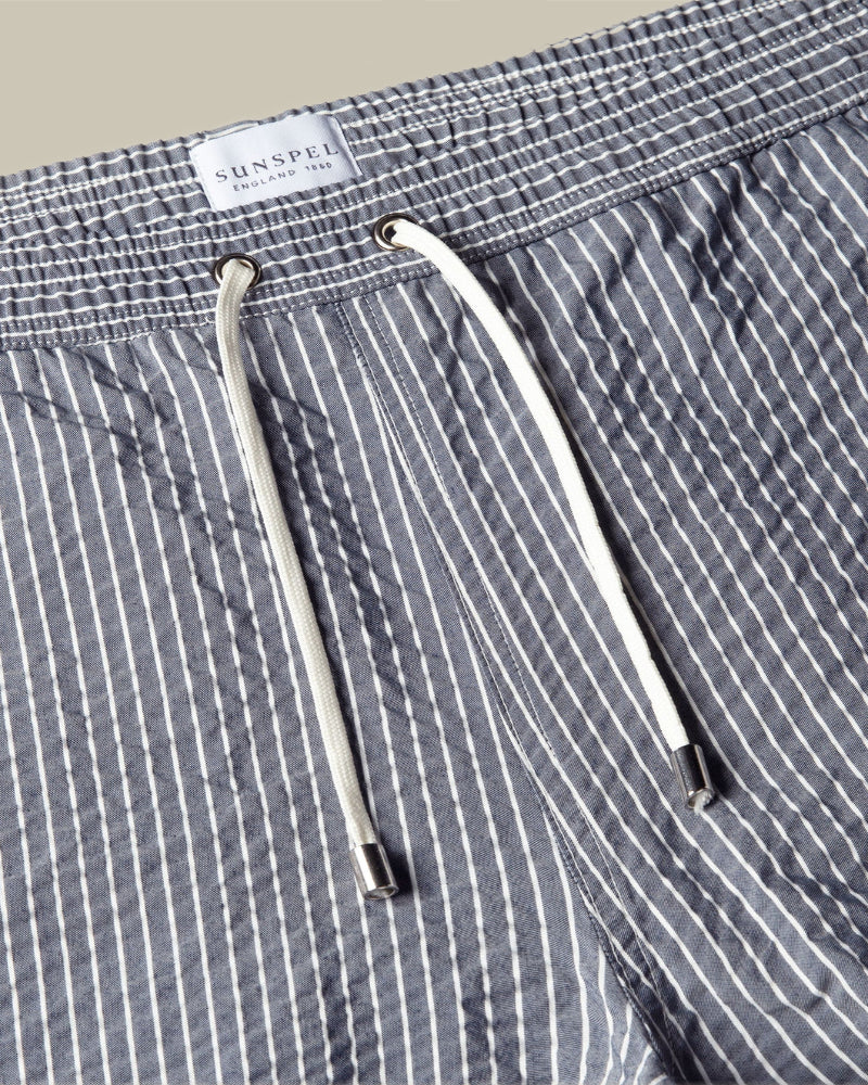 Navy & White Seersucker Stripe Swim Shorts