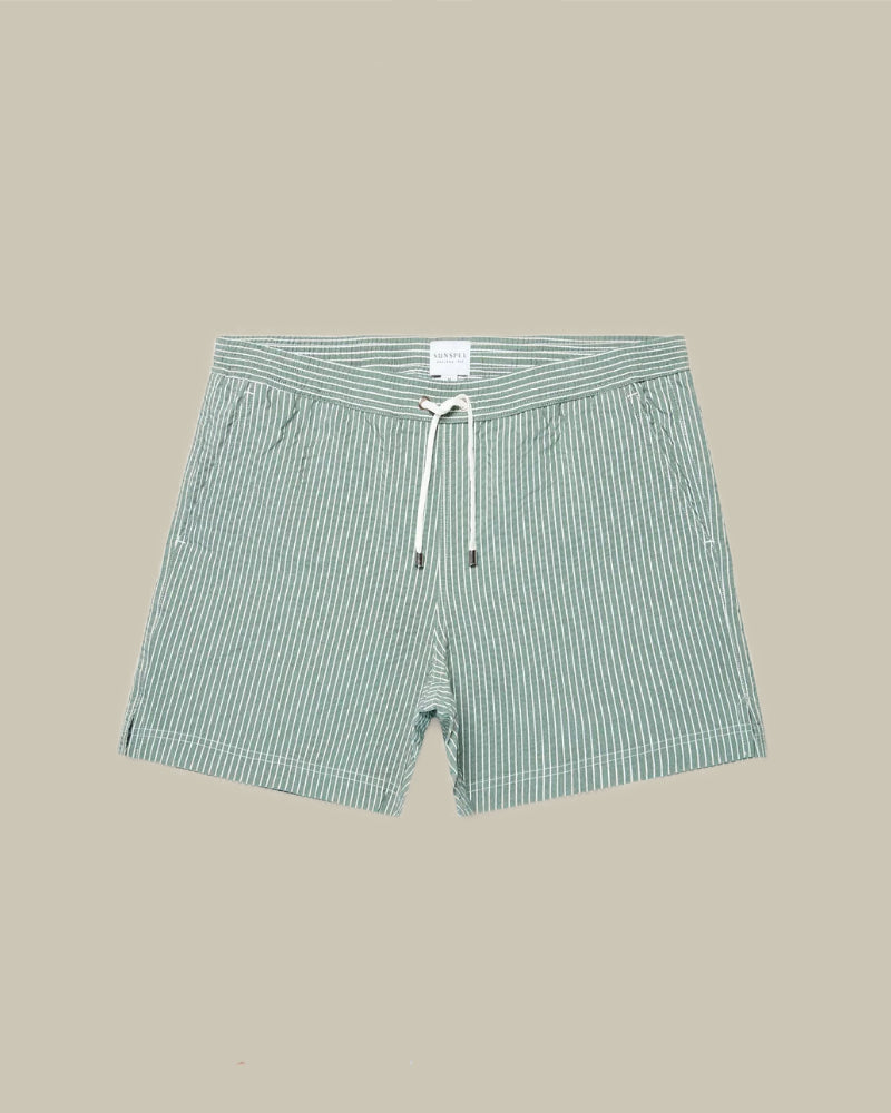 Green & White Seersucker Stripe Swim Shorts