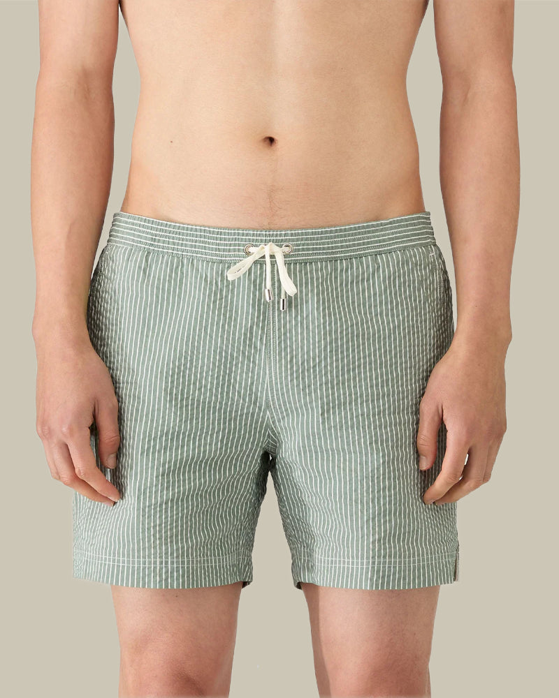 Green & White Seersucker Stripe Swim Shorts
