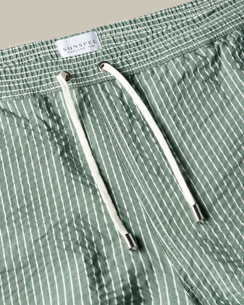 Green & White Seersucker Stripe Swim Shorts