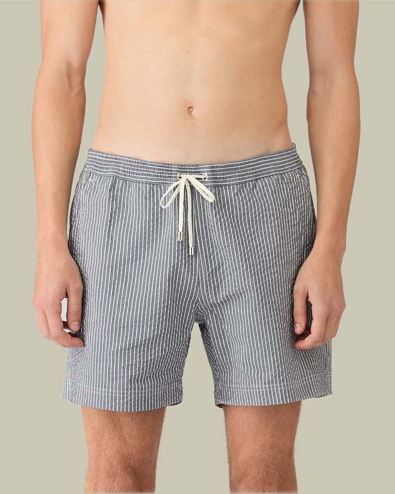 Navy & White Seersucker Stripe Swim Shorts