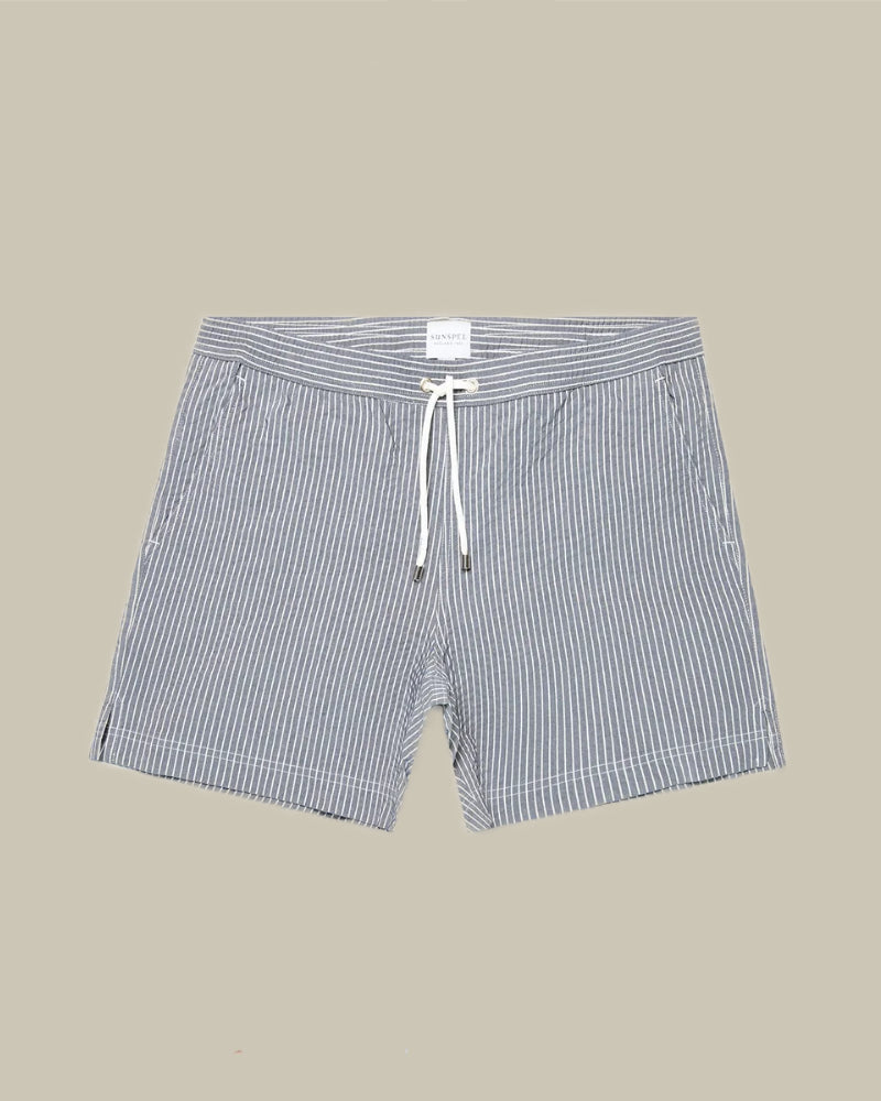 Navy & White Seersucker Stripe Swim Shorts