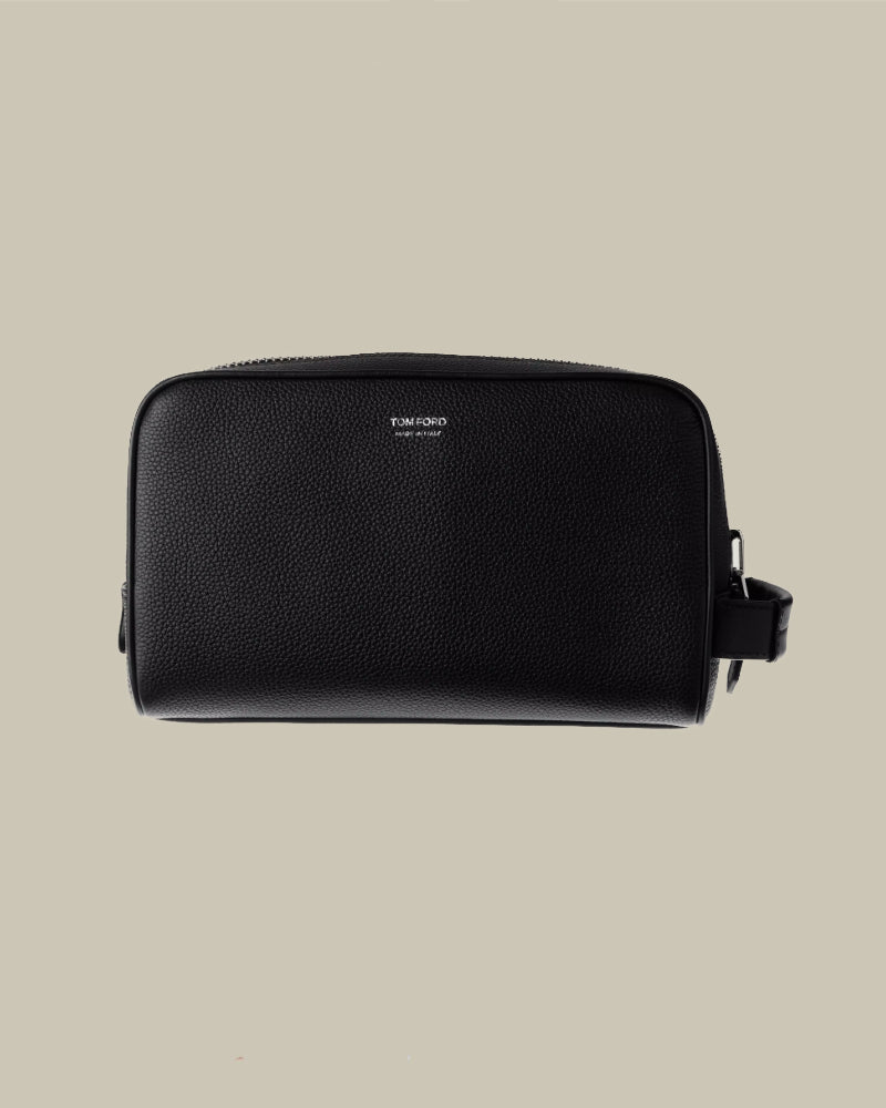 Soft Grain Leather Single Zip Toiletry Case Black
