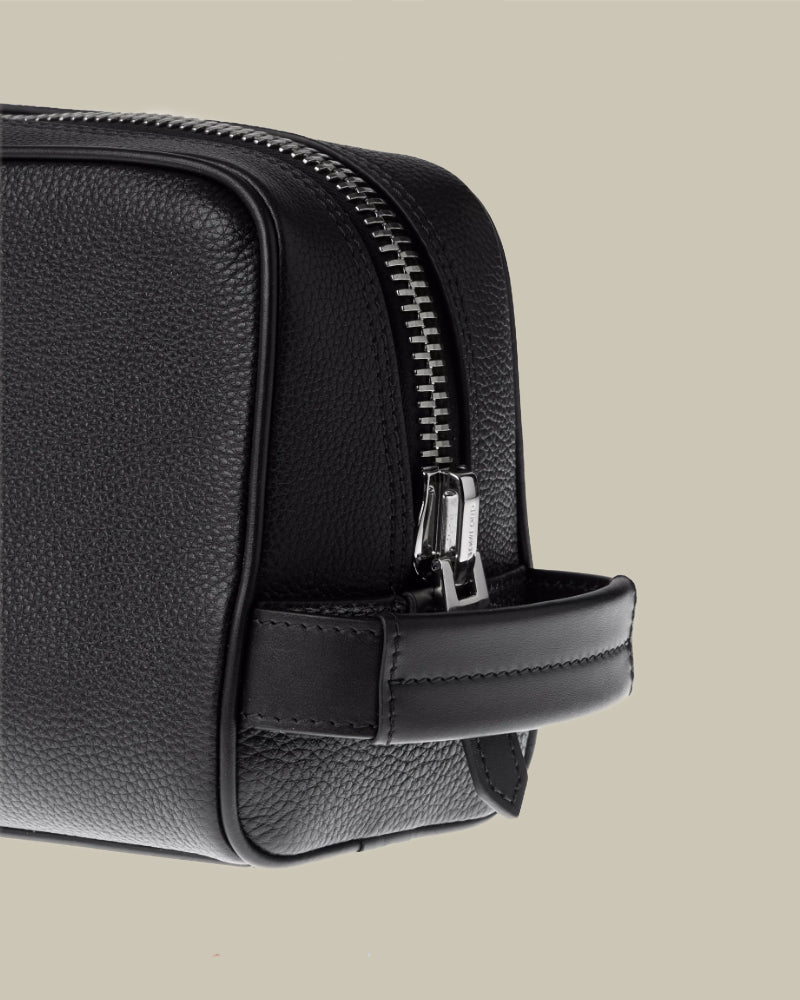 Soft Grain Leather Single Zip Toiletry Case Black