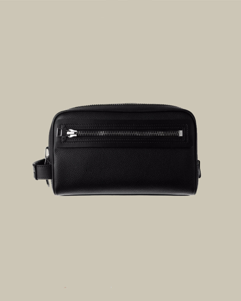 Soft Grain Leather Single Zip Toiletry Case Black