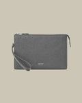 Grey Grain Leather Minimal Slim Pouch With Wristlet