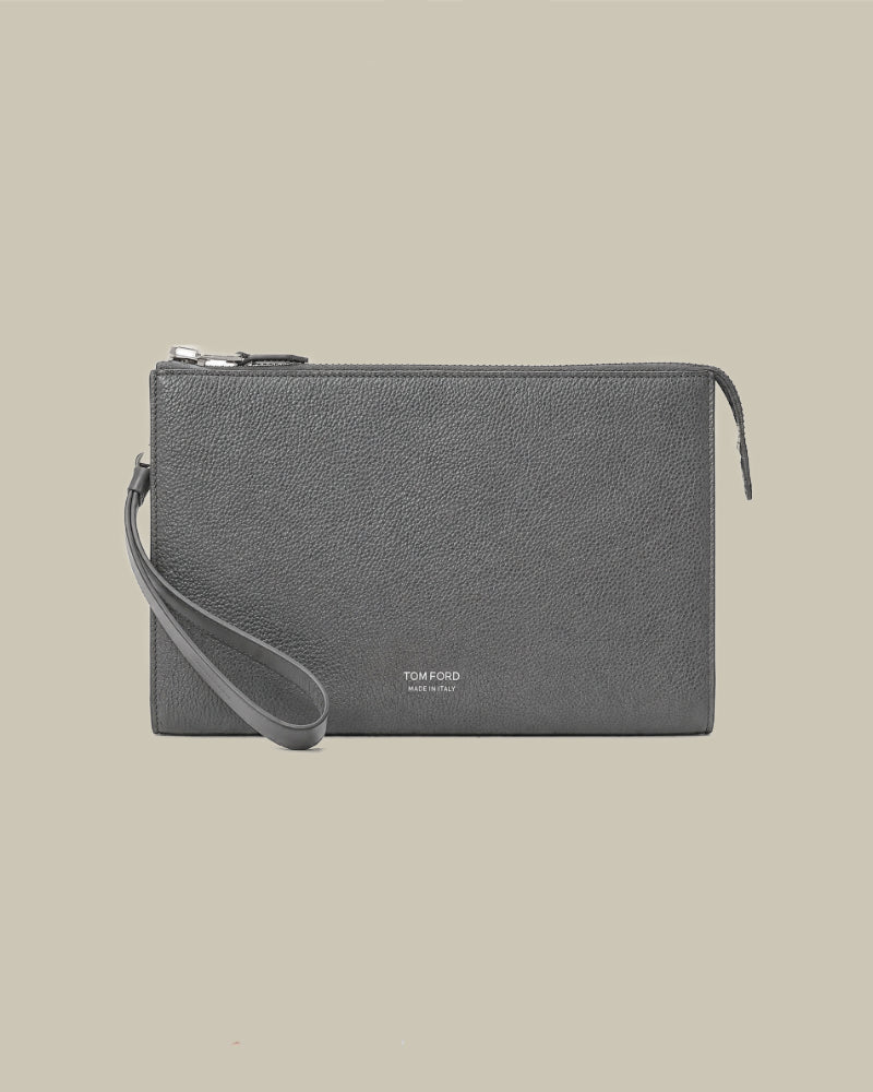 Grey Grain Leather Minimal Slim Pouch With Wristlet
