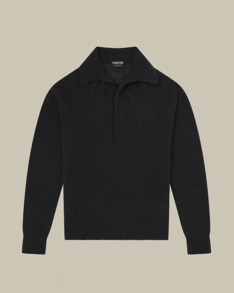 Black Seamless Cashmere Silk Knitted Polo