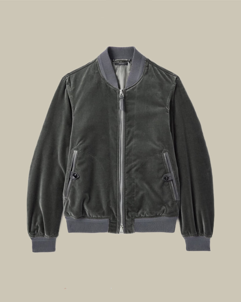 Grey Compact Light Velvet Bomber Jacket