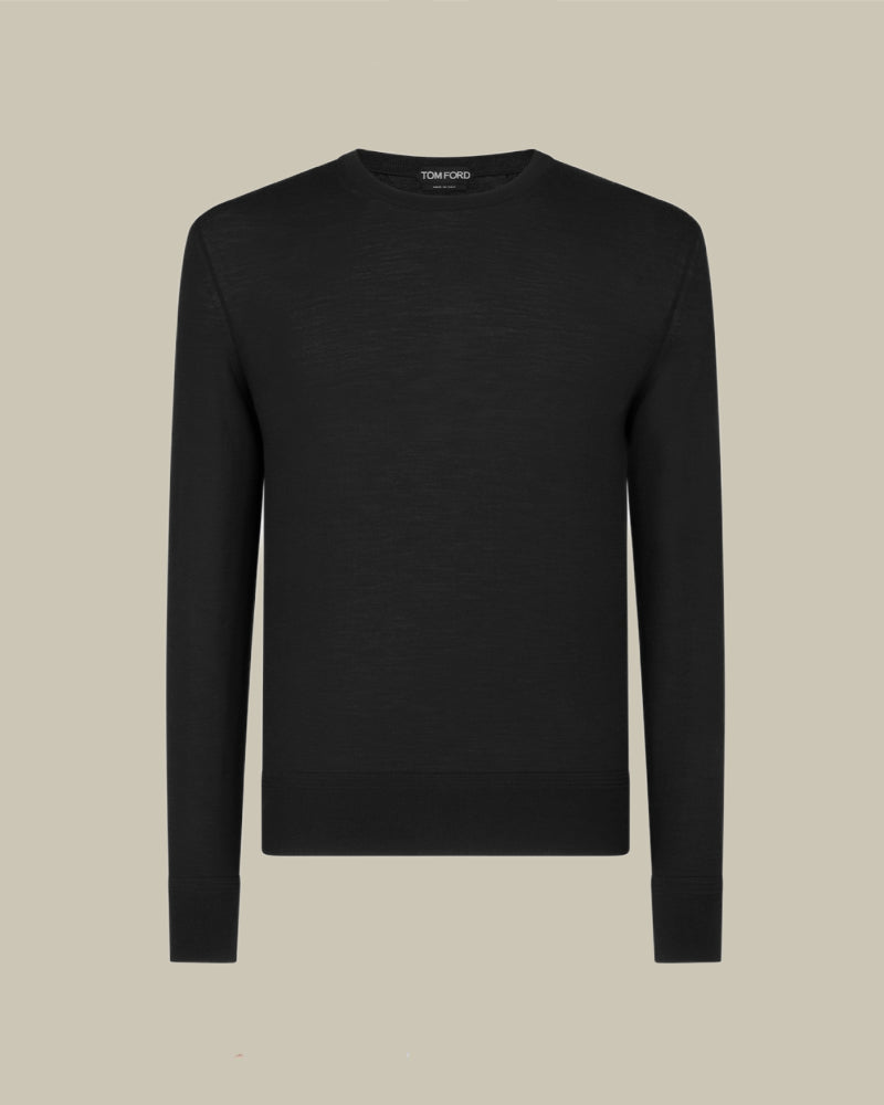 Black Fine Gauge Pure Wool Crew Neck