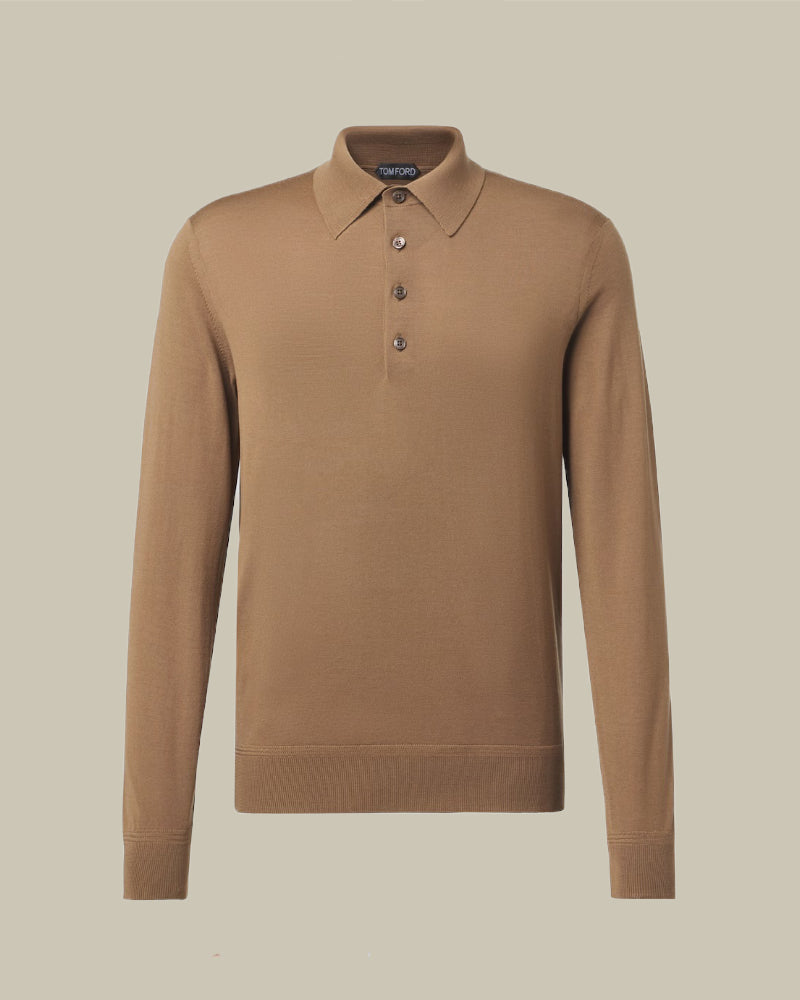 Walnut Fine Gauge Wool Long Sleeve Knit Polo