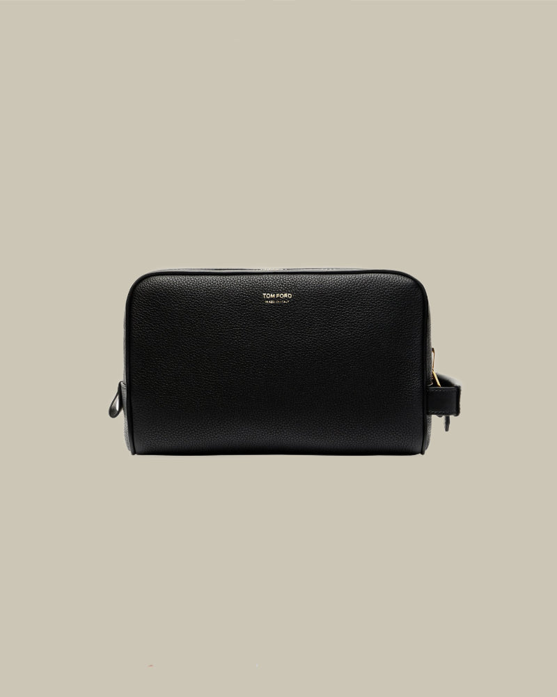 Soft Grain Leather Single Zip Toiletry Case Black