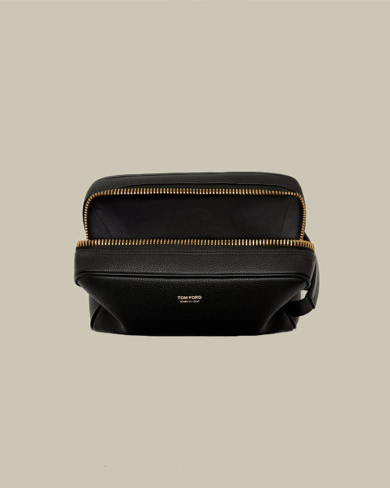 Soft Grain Leather Single Zip Toiletry Case Black