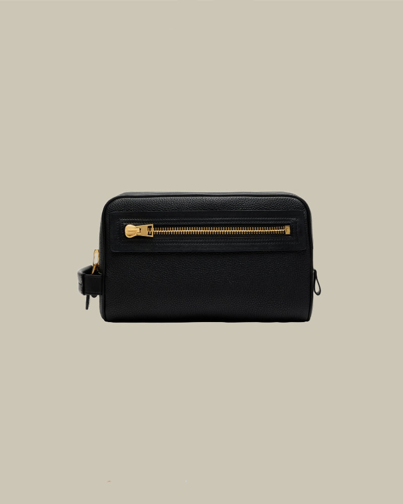 Soft Grain Leather Single Zip Toiletry Case Black