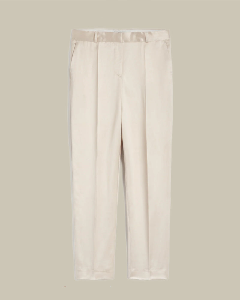 Ecru Low Waist Slim Fit Satin Trousers