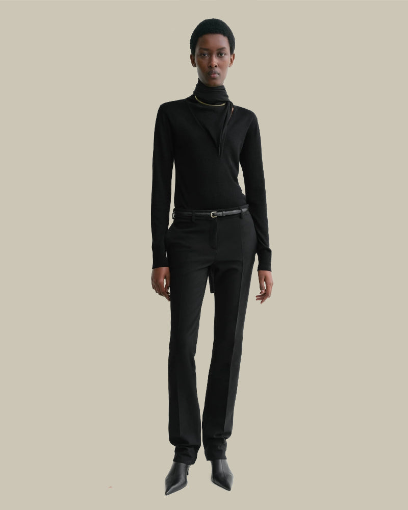 Black Low Waist Slim Fit Wool Blend Trousers