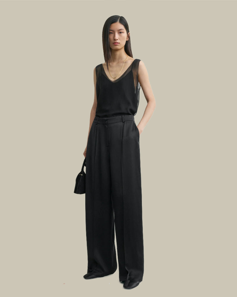 Wide Satin Trousers Black