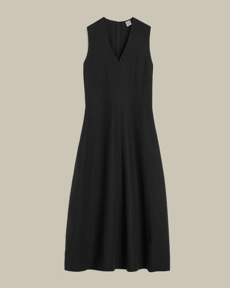 Black Fluid V Neck Linen Blend Dress