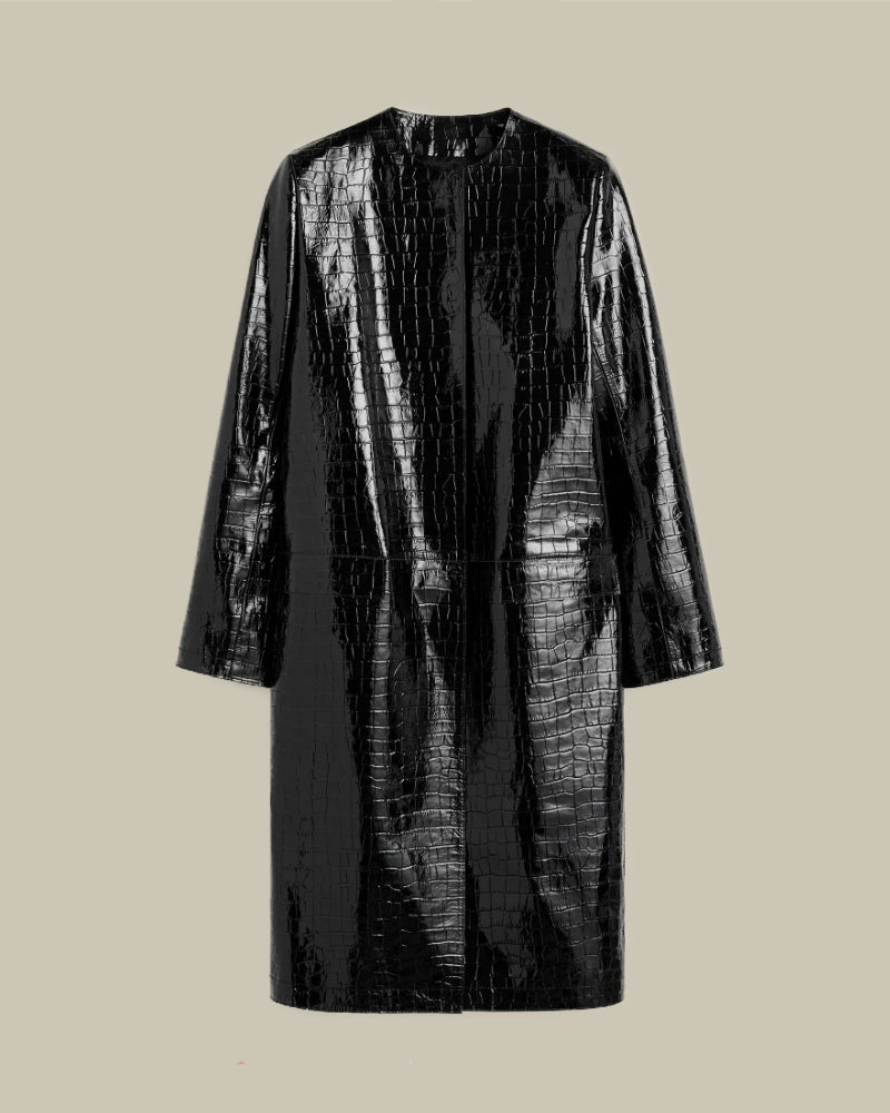 Croco-Embossed Coat Black