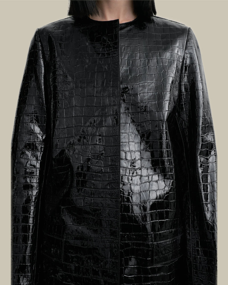 Croco-Embossed Coat Black