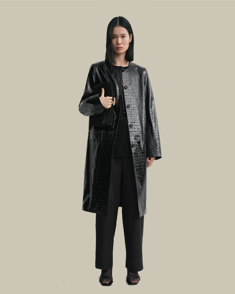 Croco-Embossed Coat Black