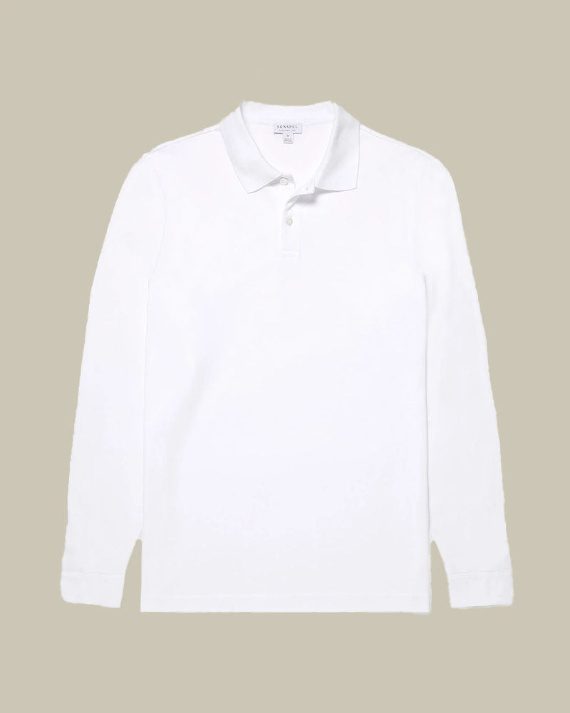 White Long Sleeve Pique Polo