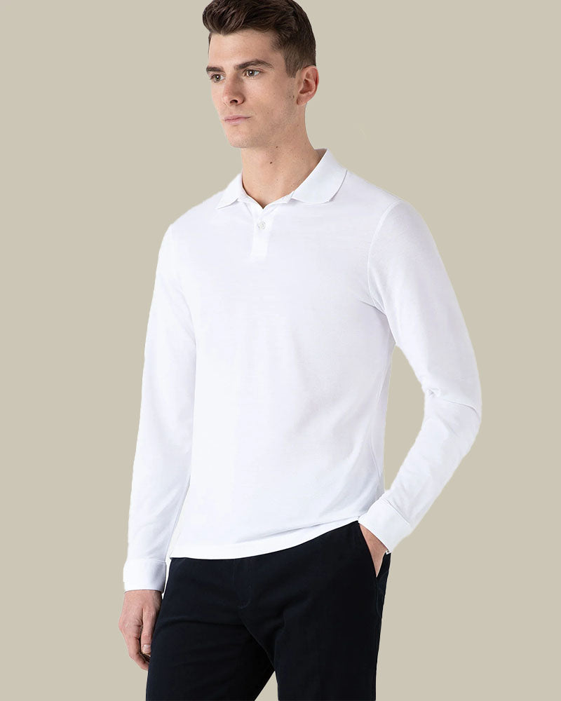 White Long Sleeve Pique Polo