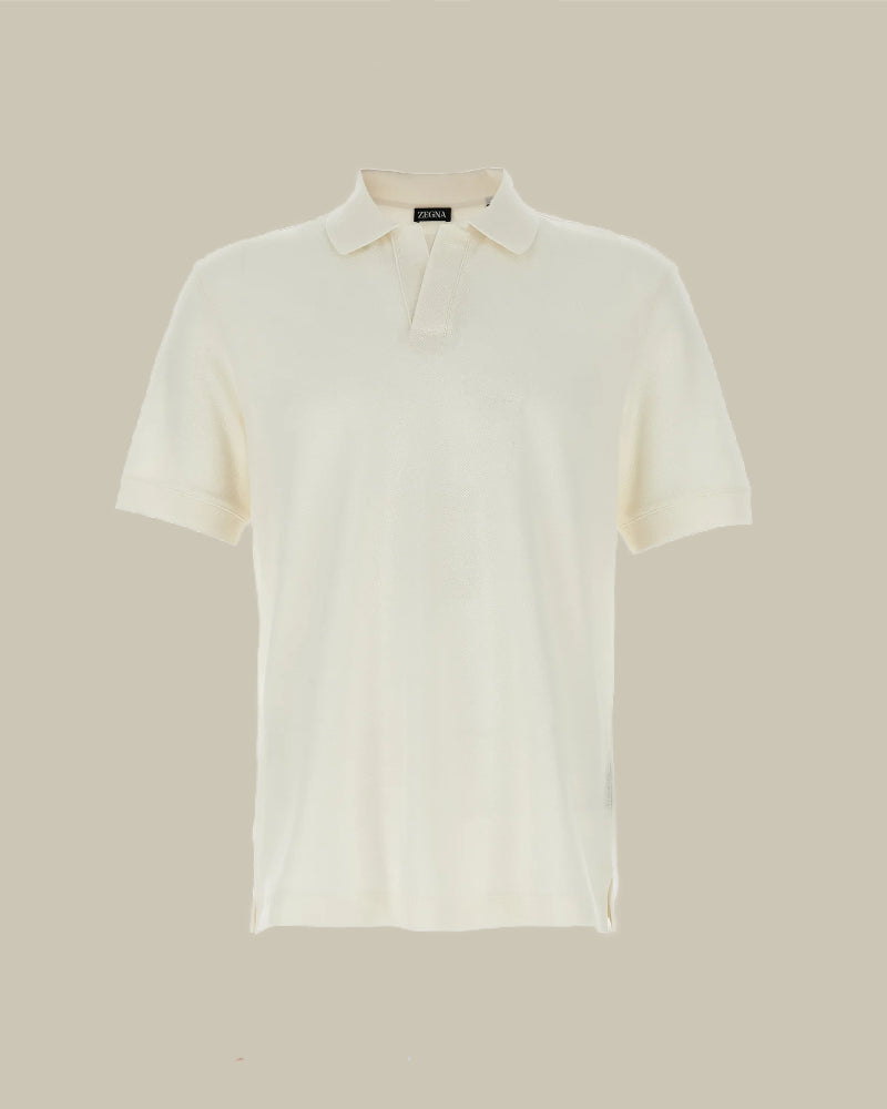 Off White Cotton & Cashmere Pique Skipper Polo