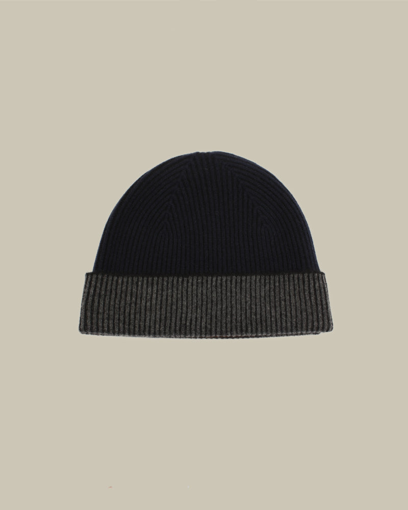 Navy Rib Knit Cashmere Beanie Hat