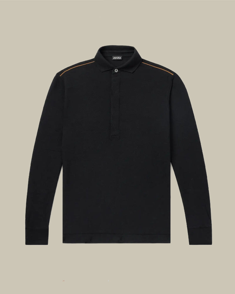 Black Cotton Polo With Leather Piping
