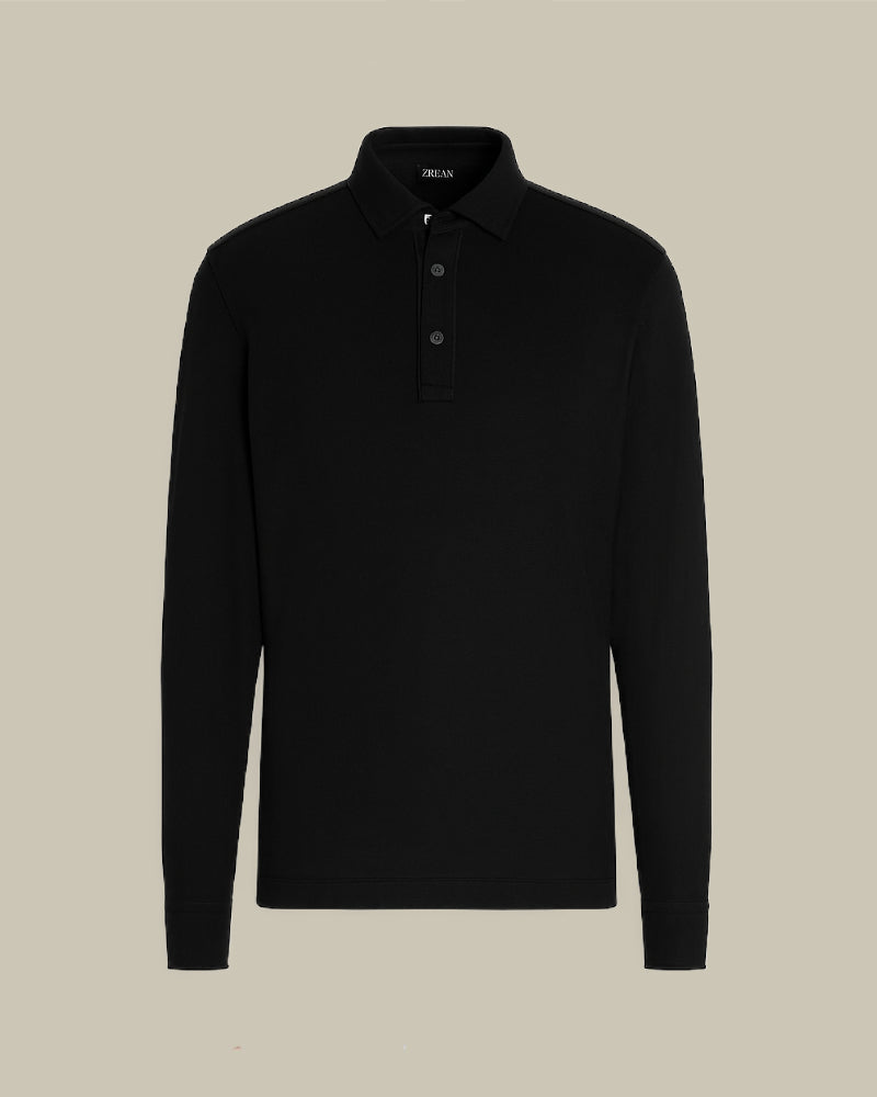 Black Pure Cotton Pique Long Sleeve Polo Suede Piping