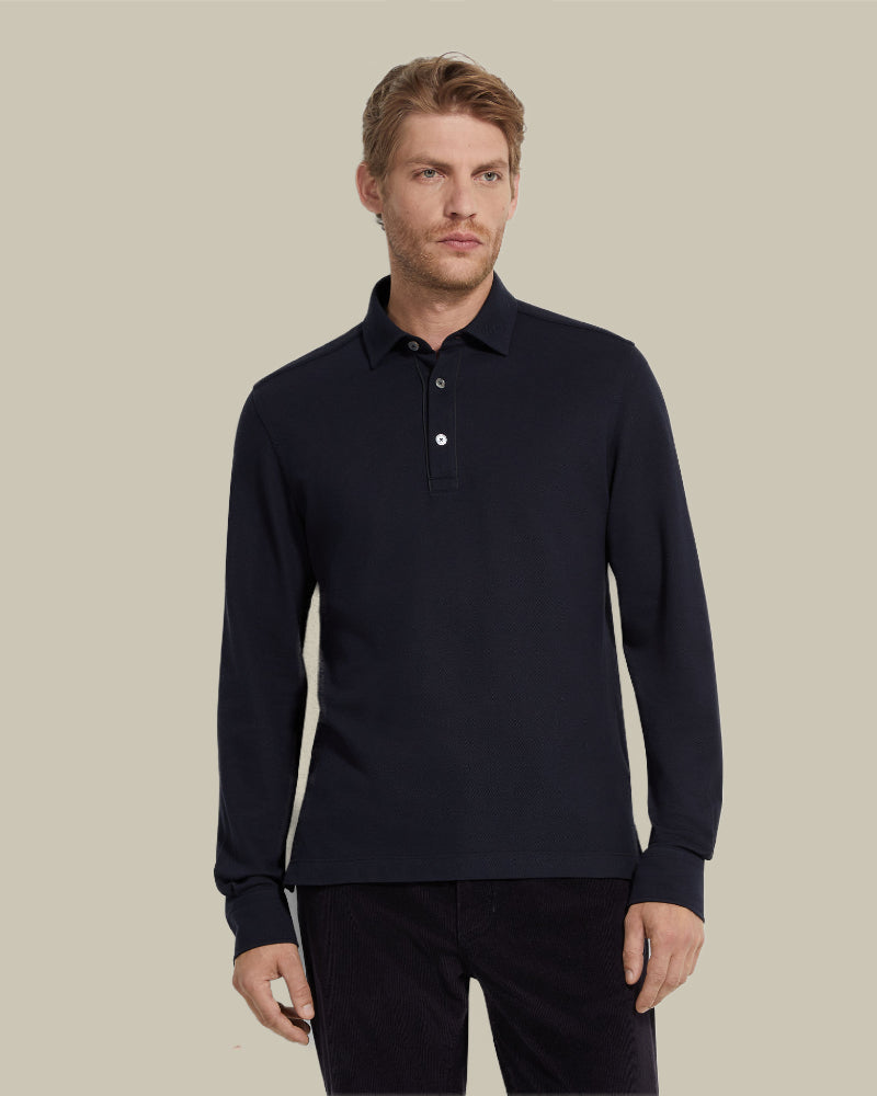 Navy Pure Cotton Pique Long Sleeve Polo Suede Piping