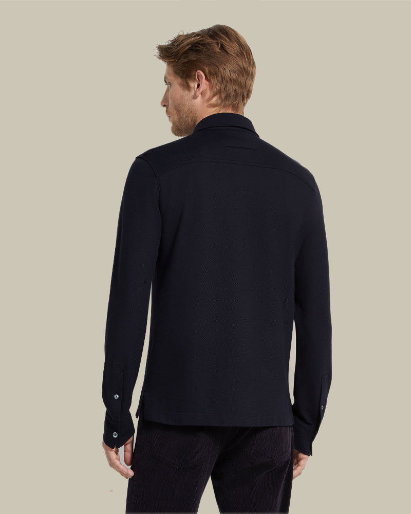 Navy Pure Cotton Pique Long Sleeve Polo Suede Piping